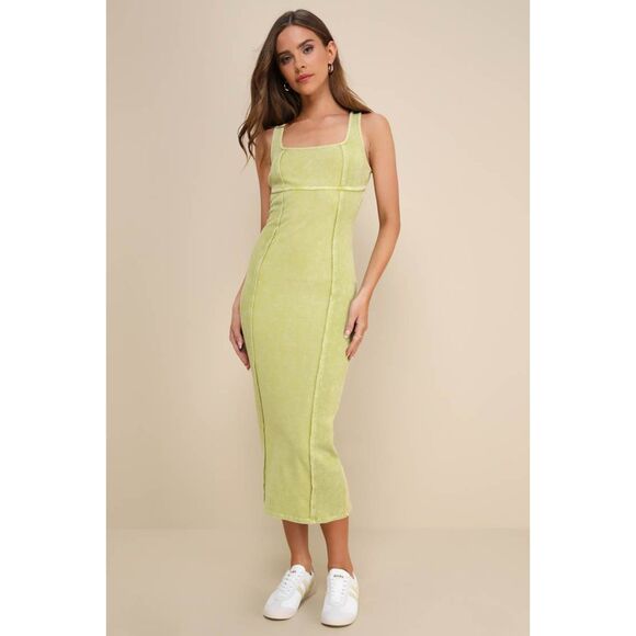 Lulus Memorable Instinct Lime Green Washed Ribbed Paneled Midi Dress - Picture 1 of 12